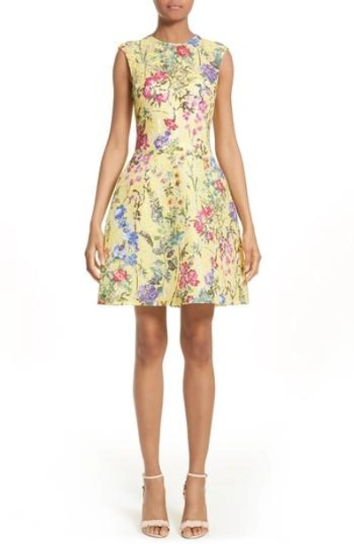 Shop Monique Lhuillier Garden Print Lace Fit & Flare Dress In Yellow Multi