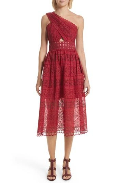 Shop Self-portrait Cutout One-shoulder Midi Dress In Raspberry Red