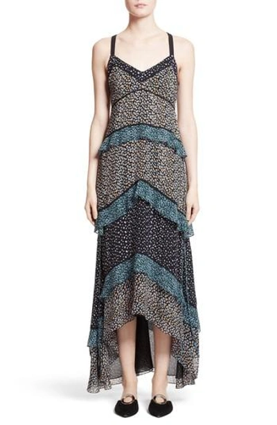 Shop Proenza Schouler Print Silk Tiered Maxi Dress In Black/ Pale Blue/ Leopard