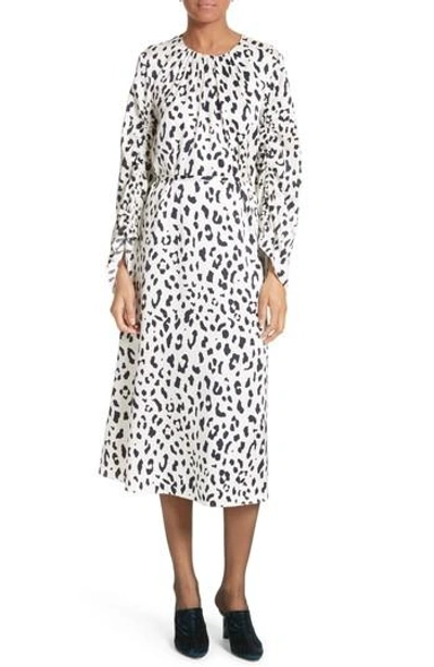 Shop Tibi Cheetah Satin Dress In Ivory/ Navy Multi