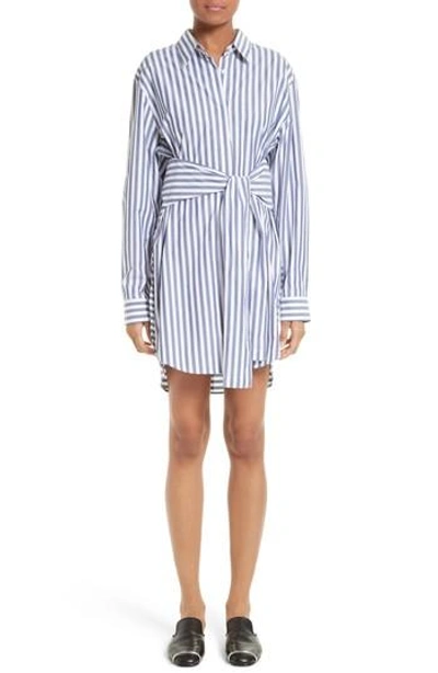 Shop Alexander Wang T Stripe Tie Front Shirtdress In White With Blue Stripe