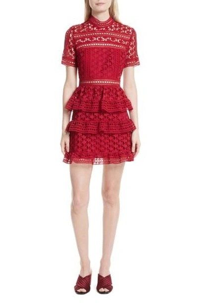 Shop Self-portrait Ruffle Star Lace Dress In Red