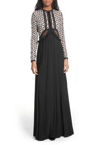 Shop Self-portrait Guipure Lace Maxi Dress In Black/ White