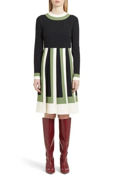 Shop Valentino Multicolor Pleat Crepe Dress In Ivory/ Black/ Green