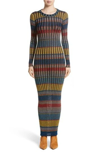 Shop Missoni Metallic Stripe Knit Maxi Dress In Yellow/ Blue Multi