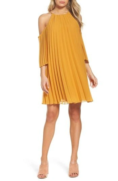 Shop Bb Dakota Gretal Cold Shoulder Pleated Dress In Royalty Yellow