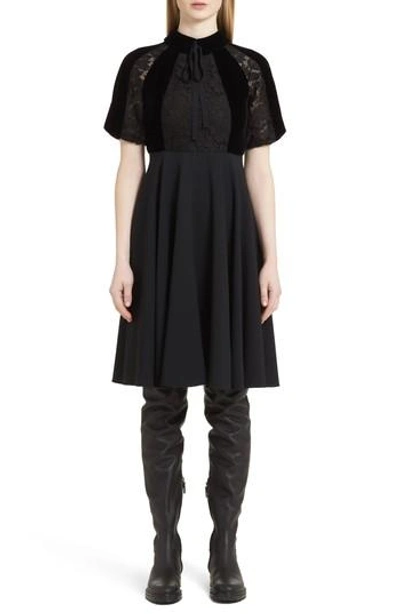 Shop Valentino Guipure Lace Inset Crepe Dress In Black