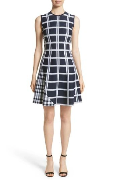 Shop Victoria Beckham Intarsia Tartan Check Dress In Navy/ White/ Navy Shine