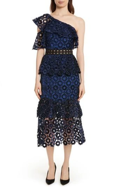 Shop Self-portrait Lace One-shoulder Midi Dress In Blue