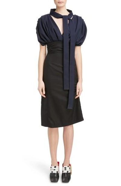 Shop Jacquemus Ruched Tie Neck Dress In Navy Black