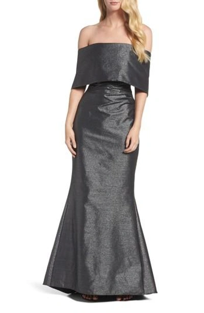 Shop Vince Camuto Ruched Metallic Knit Off The Shoulder Gown In Silver