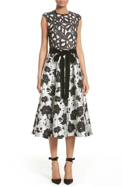 Shop Monique Lhuillier Lace & Jacquard Tea Length Dress In Noir/ Silk White