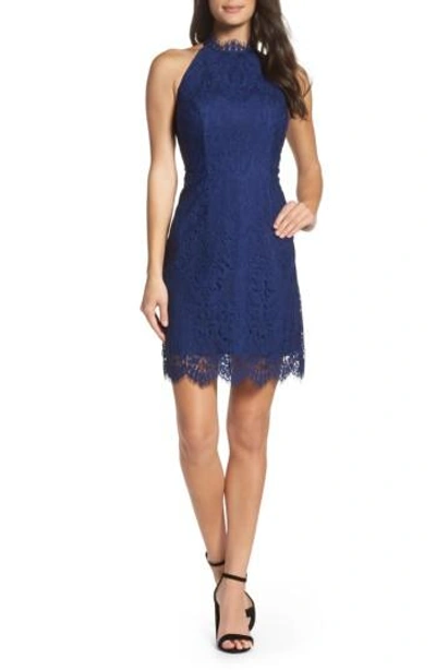 Shop Bb Dakota Cherie Lace Halter Sheath Dress In Blue