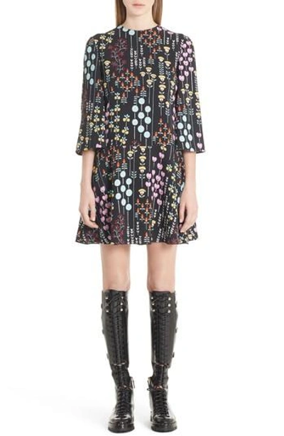 Shop Valentino Floral Stem Print Dress In Black Multi