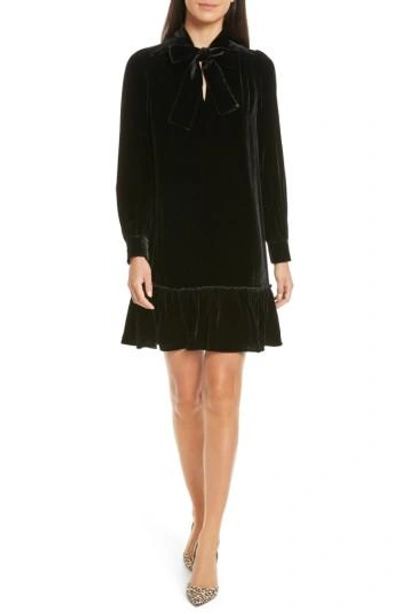 Kate Spade Long-sleeve Velvet Tie-front Swing Dress In Black | ModeSens