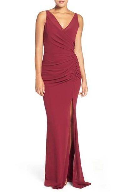 Shop Katie May Wrap Front Chiffon Gown In Bordeaux