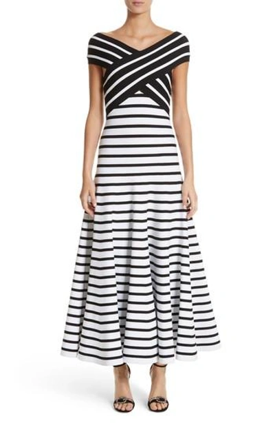 Shop Carolina Herrera Stripe Off The Shoulder Maxi Dress In White/black