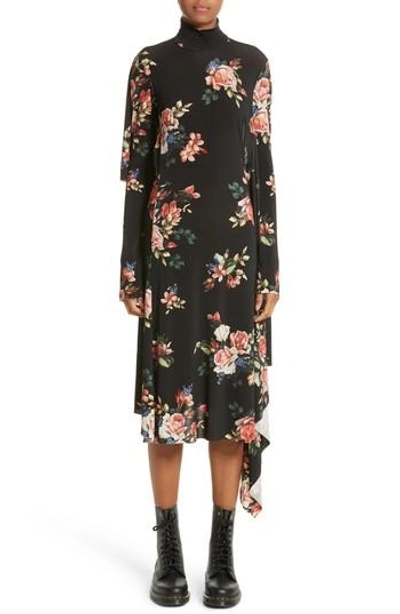 Shop Vetements Drape Panel Floral Dress In Black Print