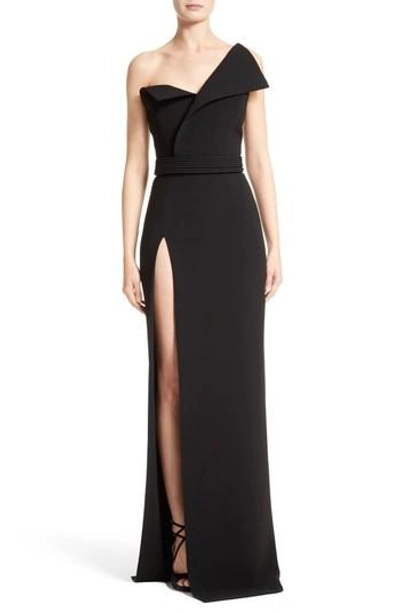 Shop Brandon Maxwell Belted Foldover Neck Gown With High Slit In Black