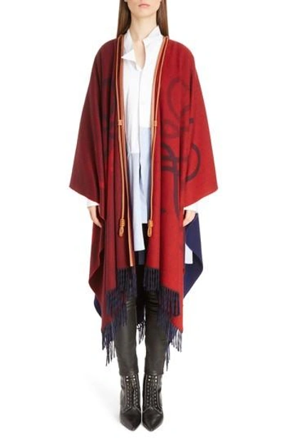 Shop Loewe Logo Wool & Cashmere Blanket Cape In Red/ Navy