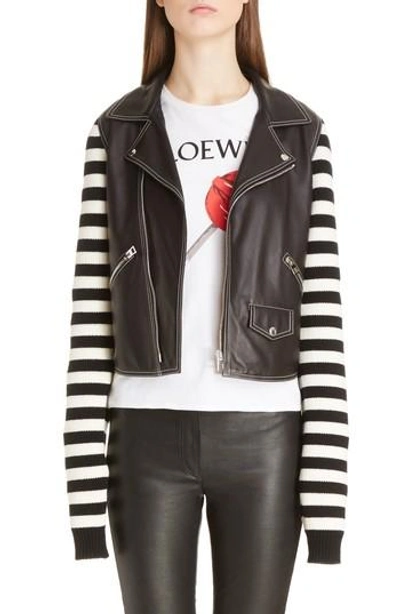 Shop Loewe Stripe Knit & Leather Biker Jacket In Black