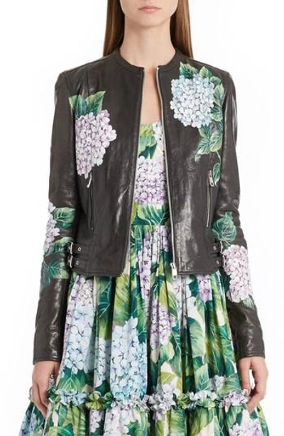 Shop Dolce & Gabbana Hydrangea Painted Leather Jacket In Black