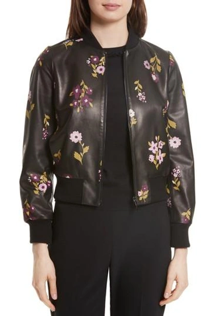 Shop Kate Spade In Bloom Leather Bomber Jacket In Black
