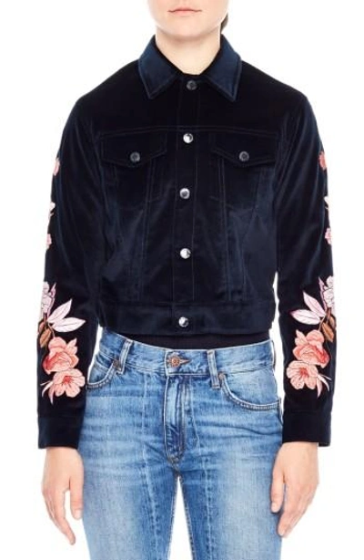 Shop Sandro Embroidered Crop Velvet Jacket In Navy