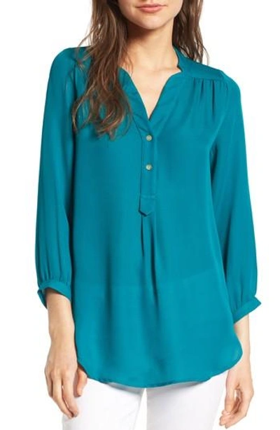 Shop Amour Vert 'amy' Collarless Silk Blouse In Bayou Blue