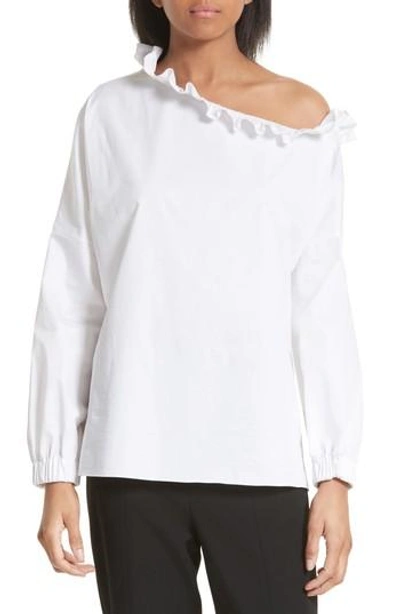 Shop Tibi Satin Poplin One-shoulder Blouse In White