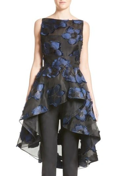 Shop Lela Rose Metallic Floral Fil Coupe Top In Navy