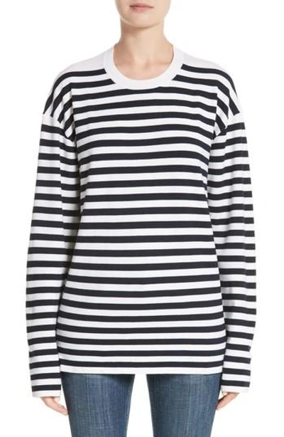 Shop Burberry Passirio Breton Stripe Merino Wool Blend Top In Navy