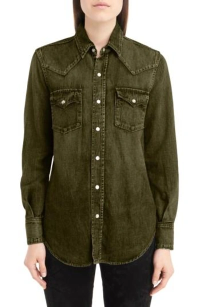 Shop Saint Laurent Western Stitched Pocket Shirt In Army Green