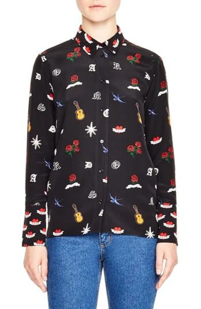 Shop Sandro Tattoo Print Silk Shirt In Multicolor