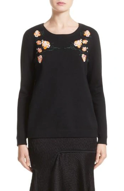 Shop Jason Wu Floral Embroidered Merino Wool Blend Sweater In Black
