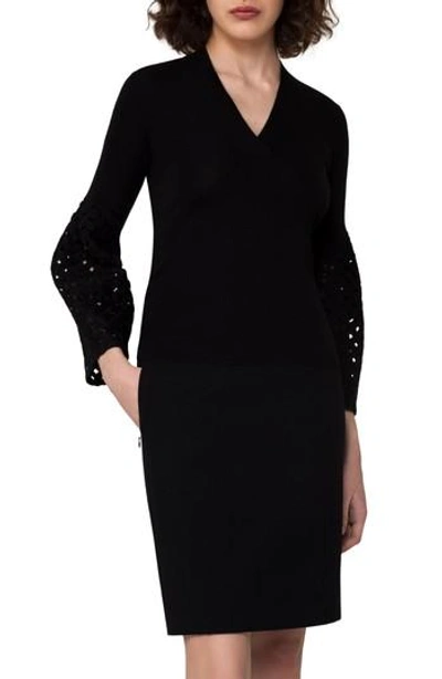 Shop Akris Lace Sleeve Cashmere & Silk Sweater In Black