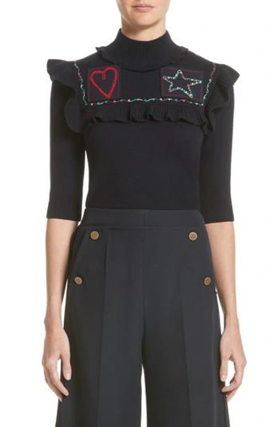 Shop Valentino Embroidered Ruffle Wool Sweater In Navy