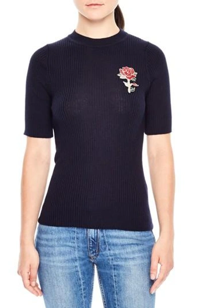Shop Sandro Floral Applique Ribbed Sweater In Navy