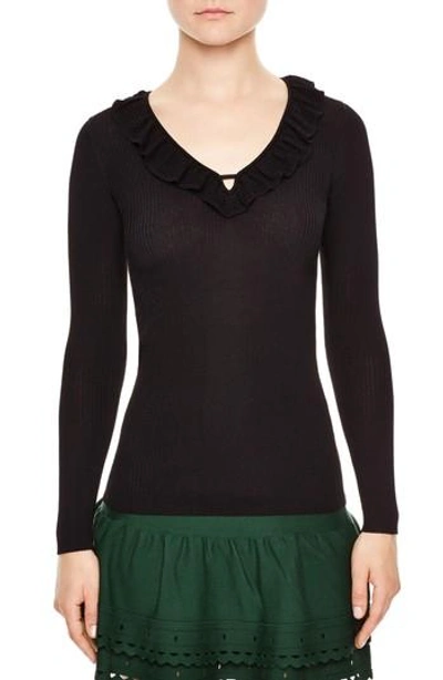 Shop Sandro Ruffle Trim V-neck Sweater In Black