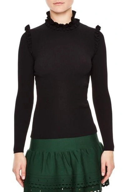 Shop Sandro Ruffle Trim Turtleneck Sweater In Black