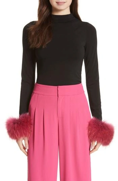 Shop Alice And Olivia Haylen Genuine Fox Fur Cuff Top In Black / Wine