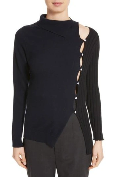 Shop Jacquemus Asymmetrical Button Front Turtleneck Sweater In Black Navy