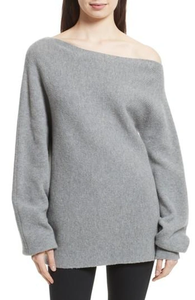 Shop Theory One-shoulder Merino Wool Sweater In Light Heather Grey
