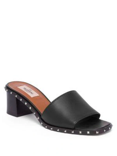 Shop Valentino Soul Rockstud Leather Block Heel Slides In Black