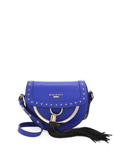 Shop Balmain Domaine 18 Studded Glovetanned Leather Saddle Bag In Electric Blue