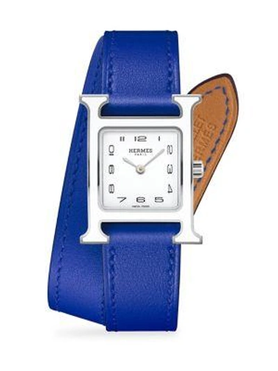 Shop Hermès Watches Heure H 21mm Lacquered Stainless Steel & Leather Strap Watch In Blue