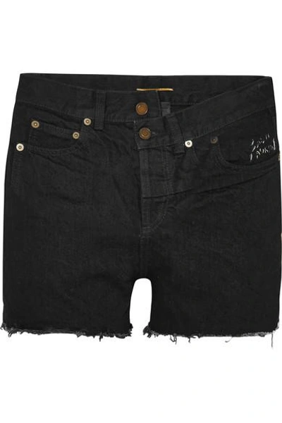 Shop Saint Laurent Frayed Denim Shorts In Black