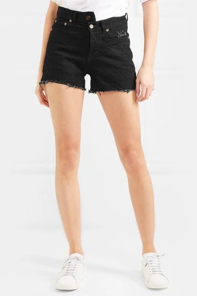 Shop Saint Laurent Frayed Denim Shorts In Black