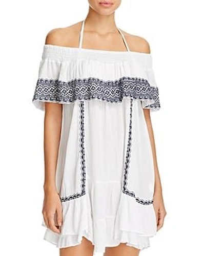 Shop Muche Et Muchette Gavin Embroidered Off-the-shoulder Ruffle Dress Swim Cover-up In White/navy