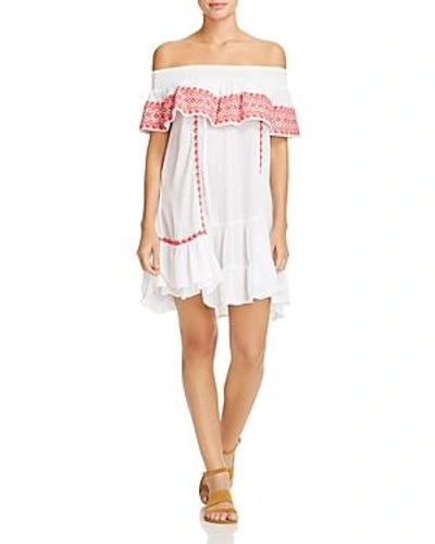Shop Muche Et Muchette Gavin Embroidered Off-the-shoulder Ruffle Dress Swim Cover-up In White/red